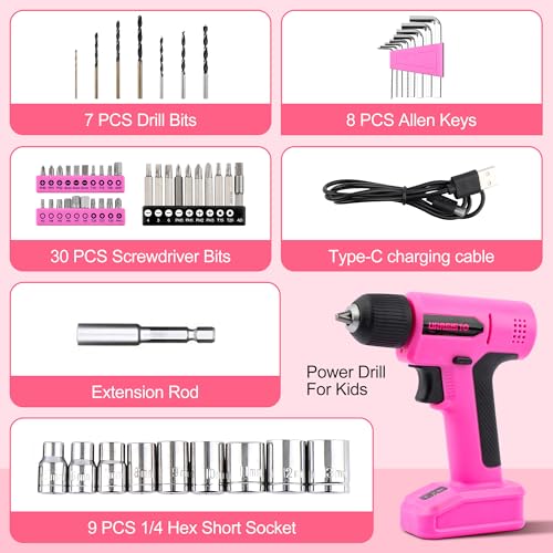URASISTO 8V Pink Cordless Drill, Power Drill Tool Set, Built-in LED, 58pcs Acessories with Household Tool Set Gift Box, Pink Drill Set for Women - Image 3