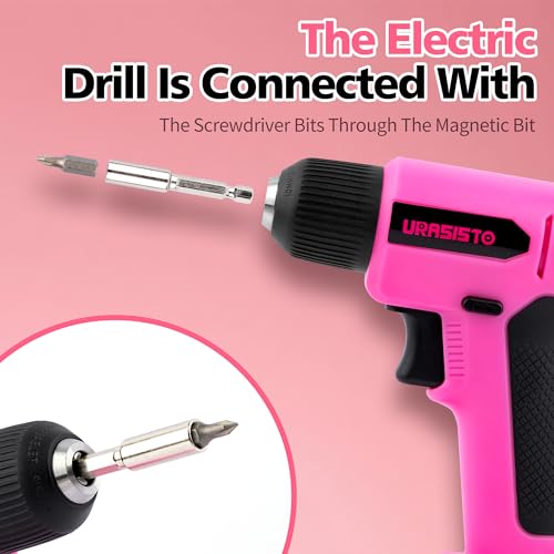 URASISTO 8V Pink Cordless Drill, Power Drill Tool Set, Built-in LED, 58pcs Acessories with Household Tool Set Gift Box, Pink Drill Set for Women - Image 4