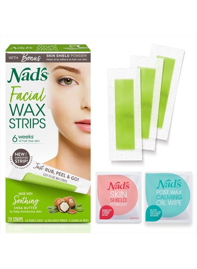 Nad's شرائح شمع الوجه - مضادة للحساسية لجميع أنواع البشرة - إزالة شعر الوجه للنساء - مجموعة شمع للوجه في المنزل مع 20 شريحة شمع للوجه + 4 مناديل زيت مهدئة + مسحوق حماية للبشرة - Image 1