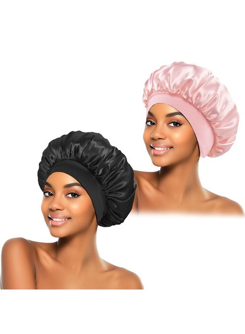 غطاء حريري للنوم، غطاء شعر لامع، غطاء نوم من الحرير المرن، غلاف شعر للنساء (أسود وردي)