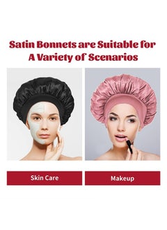 TTESL 2Pcs Silk Bonnet for Sleeping, Satin Hair Bonnets, Soft Elastic Band Silk Sleep Cap, Hair Wrap for Women(Black&Pink)  - Image 2