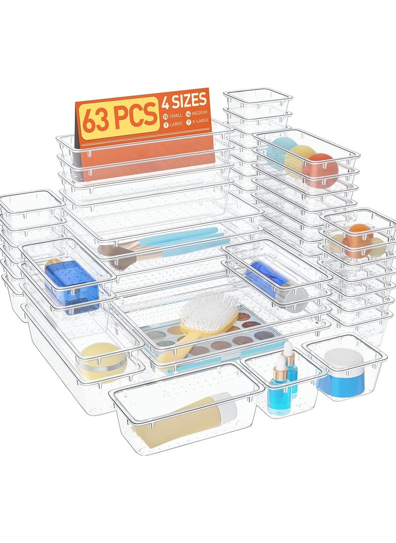 Generic Set of 63 clear plastic drawer organizers, multi-size, organize drawers in bathroom, makeup, jewelry, kitchen and office.  - Image 1