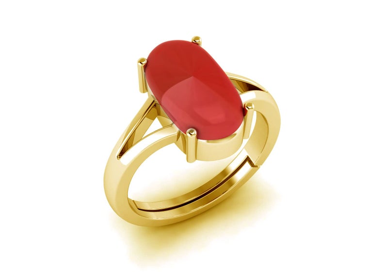 LMDPRAJAPATIS Natural Red Coral Moonga Certified Jewelry Gifts Ring 8.20 Carat Astrological Birthstone 22k Gold Plated adjustable Ring For Men Or Women - Image 2