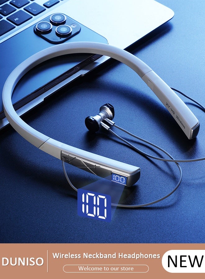 DUNISO سماعات رأس لاسلكية حول الرقبة تعمل بتقنية البلوتوث 5.0 لإجراء مكالمات هاتفية مع وقت تشغيل إضافي طويل يصل إلى 200 ساعة وسماعات أذن لاسلكية حول الرقبة مقاومة للماء لنظامي التشغيل IOS وAndroid - Image 1