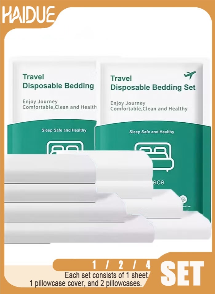 Haidue 1/2/4 Set Travel Disposable Bedding Sets - Each Set Includes 1 Fitted Sheet, 1 Duvet Cover, 2 Pillowcases, UV Sterilized & Individually Packed for Business/Travel, Dustproof & Cross-Infection Reduction (240x220cm Sheet, 220x220cm Duvet Cover, 50x80cm Pillowcases) - Image 1