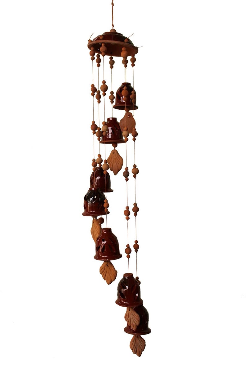 DEVICE OF ESVAR STONECRAFT ...EVERY STROY IS UNIQUE EVERY HOME IS DIFFERENT..... ES ESVAR STONECRAFT Terracotta Ceramic Coated Red Wind Chime with Seven Bells of Cap Design Positive Energy Handmade Craft with Great Melodious Sound Bells 24 cm Long - Image 1