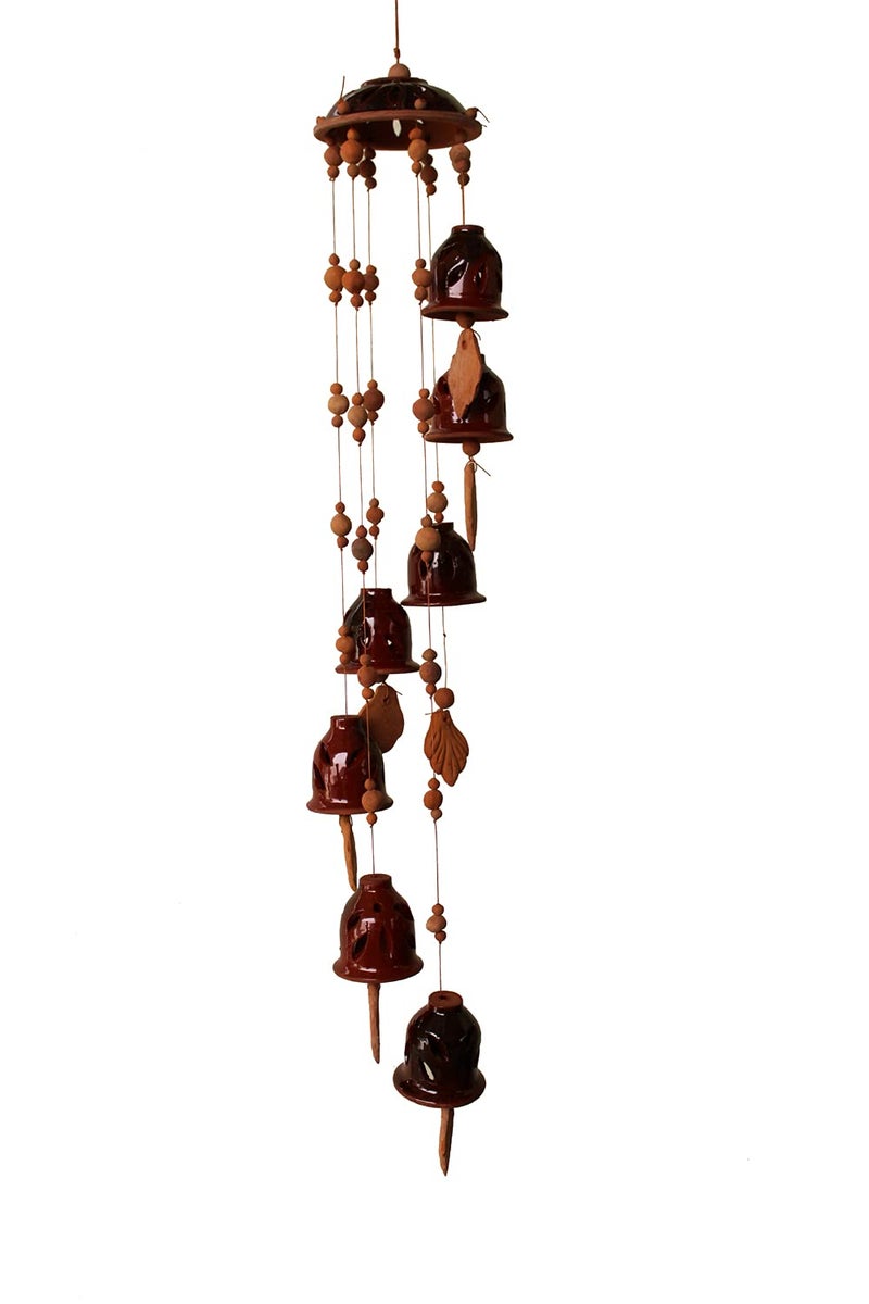 DEVICE OF ESVAR STONECRAFT ...EVERY STROY IS UNIQUE EVERY HOME IS DIFFERENT..... ES ESVAR STONECRAFT Terracotta Ceramic Coated Red Wind Chime with Seven Bells of Cap Design Positive Energy Handmade Craft with Great Melodious Sound Bells 24 cm Long - Image 2