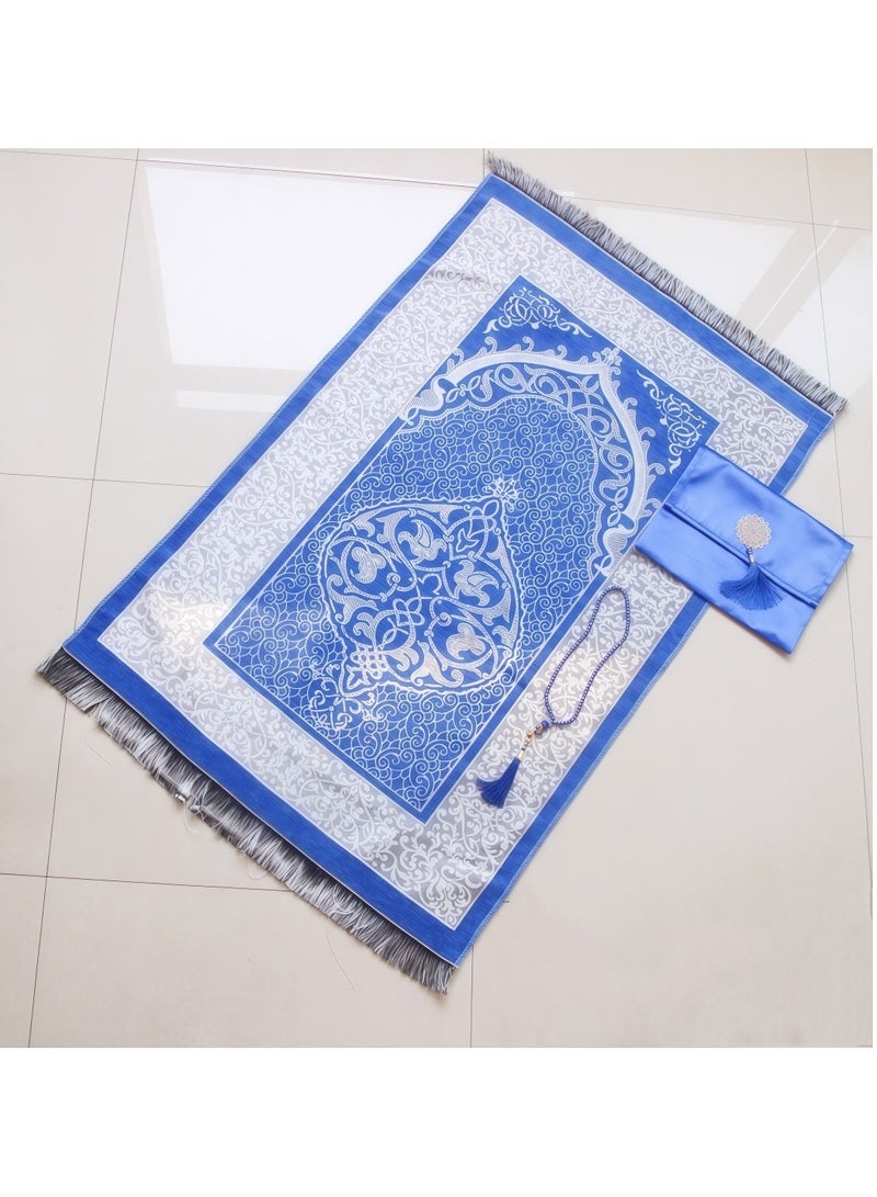 JEEJPV Prayer Blanket Set Muslim Mat Islamic - Prayer Blanket Sajadah for Kids, Men, Women with Islamic Prayer Beads for Eid Travel Ramadan Soft and Luxurious (Blue)