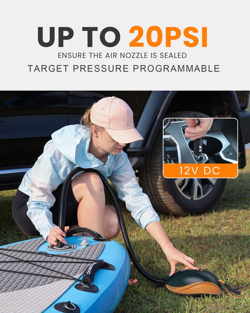 OutdoorMaster مضخة لوح التجديف الكهربائية OutdoorMaster 20PSI عالية الضغط - مضخة هواء سريعة محمولة SUP، إيقاف تلقائي وموصل سيارة 12V DC مضخة كهربائية للوح التجديف القابل للنفخ، القوارب، المضخات - Image 2