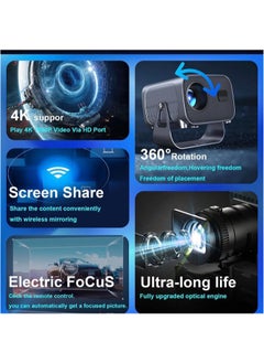 Denzoz Mini Projector with WiFi Bluetooth Portable 1080P Support Movie Projector 145° Rotatable 50% Zoom Fully Sealed Small Projector for Phone TV Stick HDMI USB  - Image 2