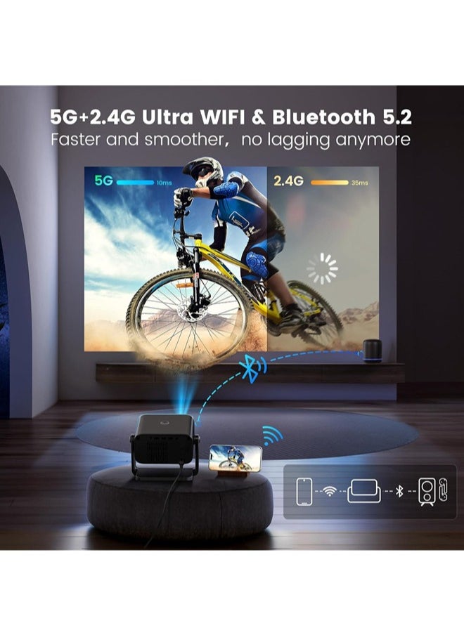 Denzoz - Mini Projector with WiFi Bluetooth Portable 1080P Support Movie Projector 145° Rotatable 50% Zoom Fully Sealed Small Projector for Phone TV Stick HDMI USB - Image 1