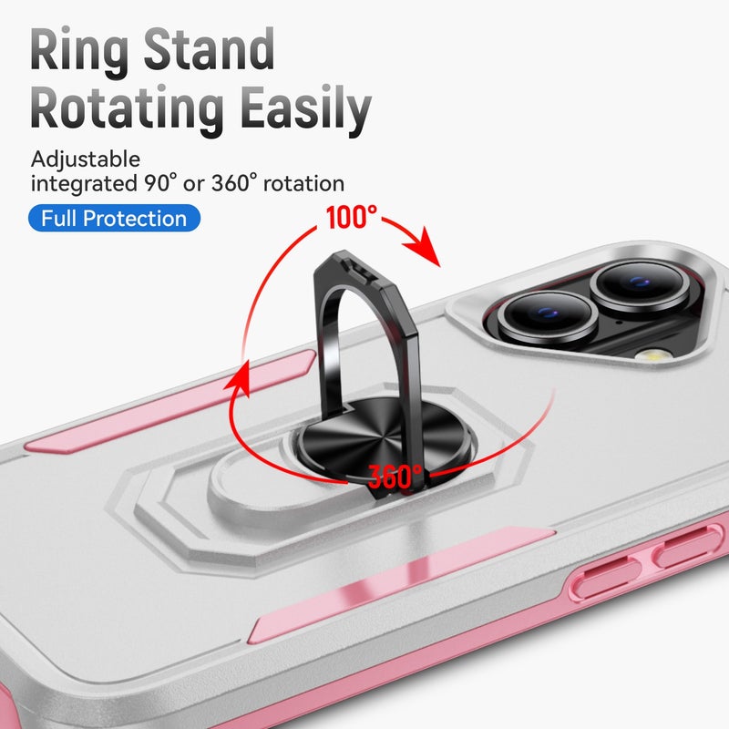 HuHa Protective Cover For iPhone 16 Pioneer Armor Heavy Duty PC + TPU Phone Case with Holder(White+Pink) - Image 4