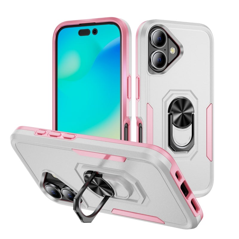 HuHa Protective Cover For iPhone 16 Pioneer Armor Heavy Duty PC + TPU Phone Case with Holder(White+Pink) - Image 1
