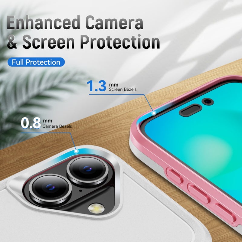 HuHa Protective Cover For iPhone 16 Pioneer Armor Heavy Duty PC + TPU Phone Case with Holder(White+Pink) - Image 5