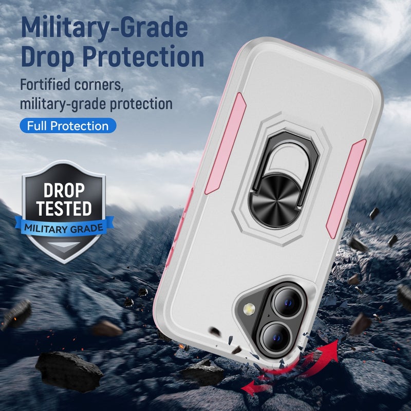 HuHa Protective Cover For iPhone 16 Pioneer Armor Heavy Duty PC + TPU Phone Case with Holder(White+Pink) - Image 2