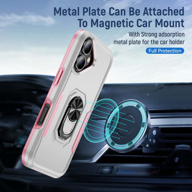 HuHa Protective Cover For iPhone 16 Pioneer Armor Heavy Duty PC + TPU Phone Case with Holder(White+Pink) - Image 3
