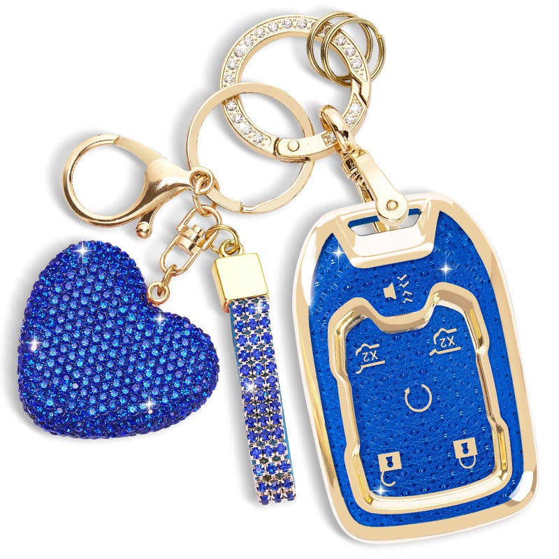 Rislobx Key Fob Cover with Diamond Key Chain Fit for Chevy GMC YukonYukon XL Car Key Protector with Rhinestone Heart Keychain for Terrain Acadia Sierra Suburban Tahoe for Women 6 Buttons Blue - Image 3