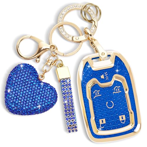Rislobx Key Fob Cover with Diamond Key Chain Fit for Chevy GMC YukonYukon XL Car Key Protector with Rhinestone Heart Keychain for Terrain Acadia Sierra Suburban Tahoe for Women 6 Buttons Blue - Image 1