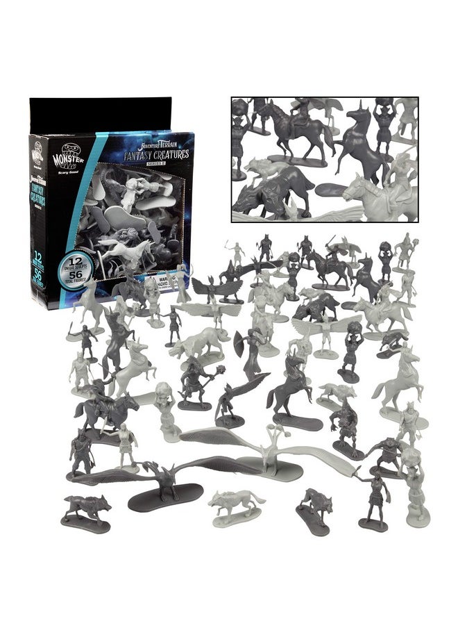 Monster Protectors - Fantasy Creatures Mini Action Figure Playset- 56pc Toy Monster Miniatures w 12 Difft Sculpts- Large Direwolfs, Cyclops, Winged Dragon Phoenixes & More- 1/32nd Scale Dungeon Paintable Xmas - Image 1