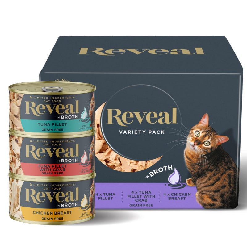 Reveal Natural Wet Cat Food, 12 Count, Grain Free, Limited Ingredient Canned Food for Cats, Fish and Chicken Variety in Broth, 2.47 oz Cans - Image 1