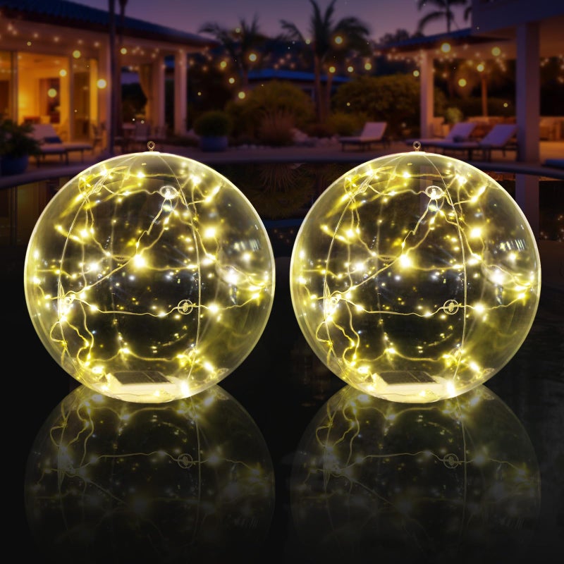Askyli Floating Pool Lights, Warm White LED Solar Pool Lights that Float, IP68 Waterproof Light up Pool Balls, 15" Inflatable Floating Light for Pools Party Wedding Decor (2Piece) - Image 1