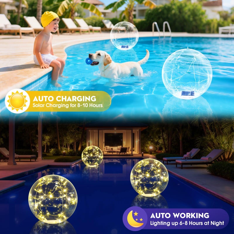Askyli Floating Pool Lights, Warm White LED Solar Pool Lights that Float, IP68 Waterproof Light up Pool Balls, 15" Inflatable Floating Light for Pools Party Wedding Decor (2Piece) - Image 2