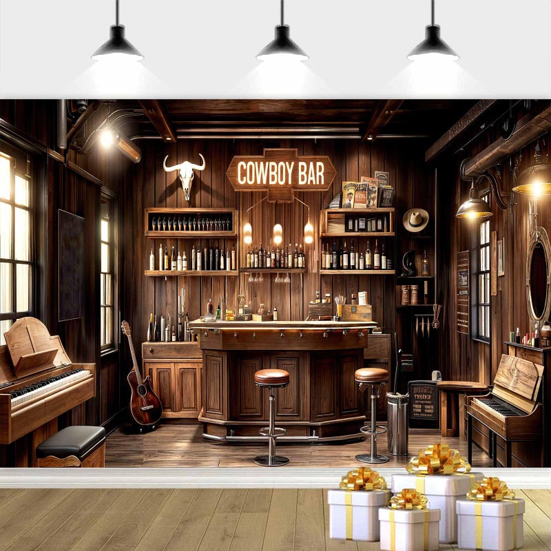 Drgilau 7X5ft Cowboy Bar Backdrop Western Cowboy Bar Birthday Backdrop, Wild West Wooden House Bars Photography Background Birthday Party Background Photo Studio Props, Brown-2 - Image 1