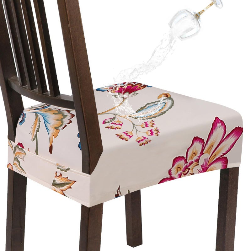 SearchI Water Repellent Dining Chair Seat Covers Set of 6 Washable Stretch Seat Covers for Dining Chairs RearCovered Dining Room Seat Cover ProtectorBeige Red Flower - Image 2