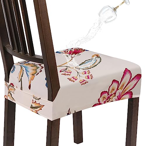 SearchI Water Repellent Dining Chair Seat Covers Set of 6 Washable Stretch Seat Covers for Dining Chairs RearCovered Dining Room Seat Cover ProtectorBeige Red Flower - Image 1