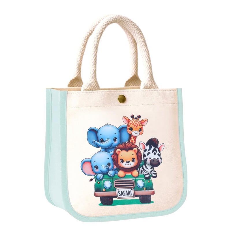 HOBBY INDIA Kids Lunch Bag | Cute & Stylish Mini Tiffin Bag for Boys & Girls | Cute Cotton Cartoon Design I Perfect For Picnic Tuition School, Preschool & Playschool (Jungle Safari) - Image 1