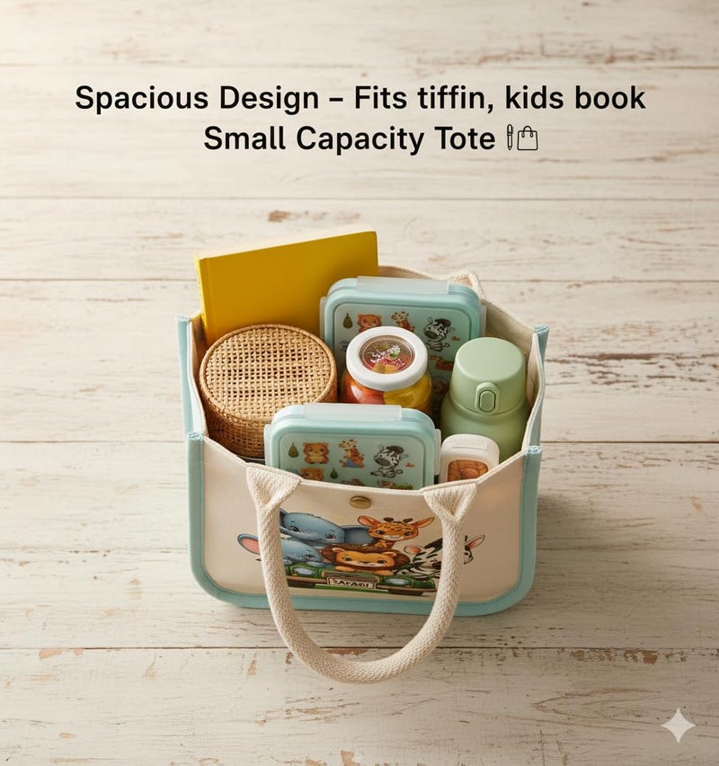 HOBBY INDIA Kids Lunch Bag | Cute & Stylish Mini Tiffin Bag for Boys & Girls | Cute Cotton Cartoon Design I Perfect For Picnic Tuition School, Preschool & Playschool (Jungle Safari) - Image 3