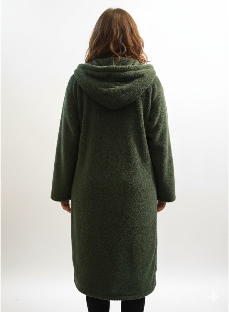 Women teddy fur oversized warm jacket coat hoodie olive green - Image 2