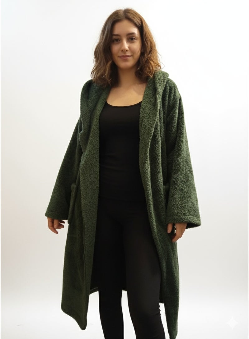 Women teddy fur oversized warm jacket coat hoodie olive green - Image 1