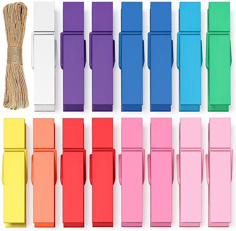 Prescent 20pc Mini Wooden Clips with Jute for Pictures, Gift Packaging, Art and Craft, DIY, Decoration and Much More (Mulicolor Clips with Jute) - Image 1