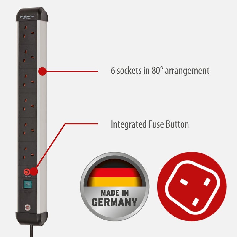 Brennenstuhl Premium-Alu-Line 6-Way Extension Lead (Power Strip with Safety Fuse Button, 3m Cable, Made in Germany) Black/Silver - Image 2
