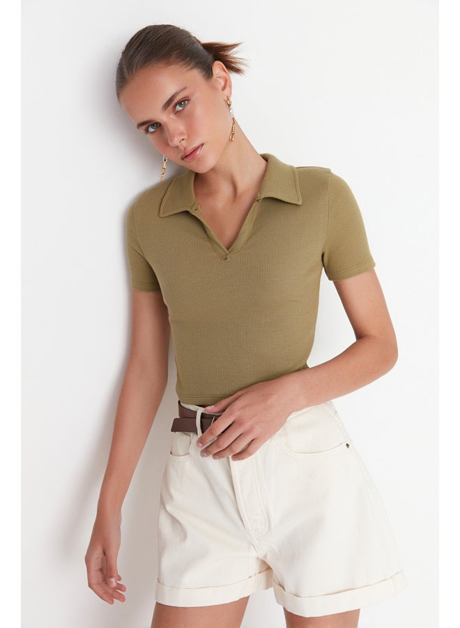trendyol Khaki Fitted Crop Polo Neck Ribbed Stretchy Knitted Blouse TWOSS21BZ0038 - Image 1