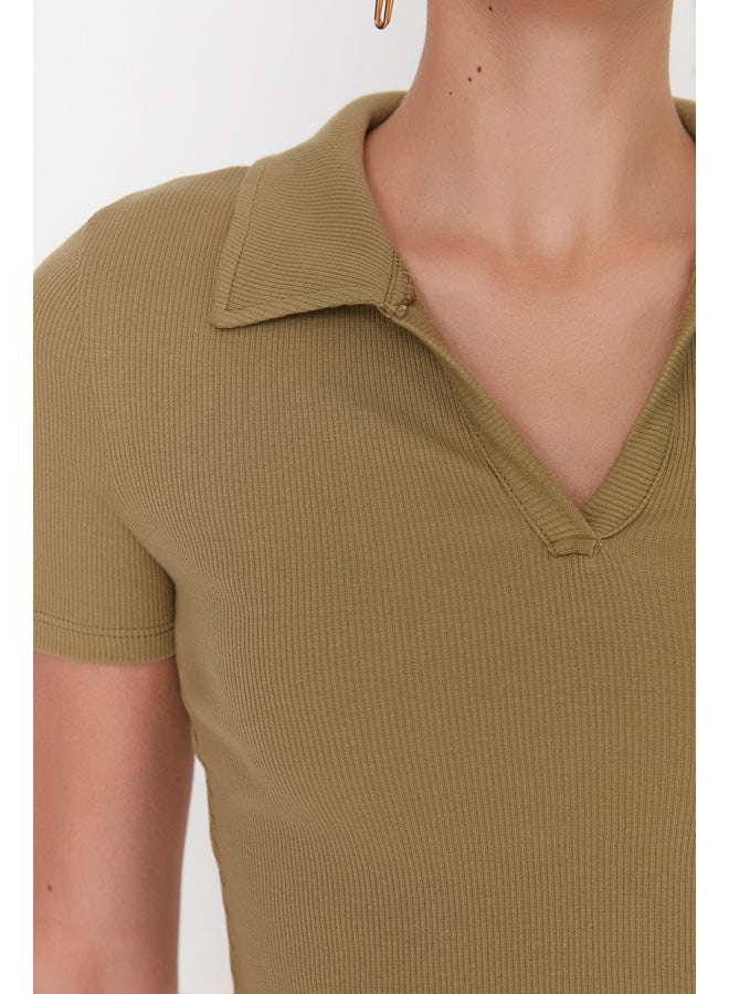 trendyol Khaki Fitted Crop Polo Neck Ribbed Stretchy Knitted Blouse TWOSS21BZ0038 - Image 2