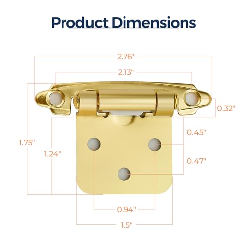 HomeExpert Home Expert 10 Pack 5 Pairs Gold Cabinet Hinges for Kitchen Doors SelfClosing 12 Inch Overlay Variable SemiConcealed Face Frame Surface Mount Cabinet Hardware Satin Brass - Image 3