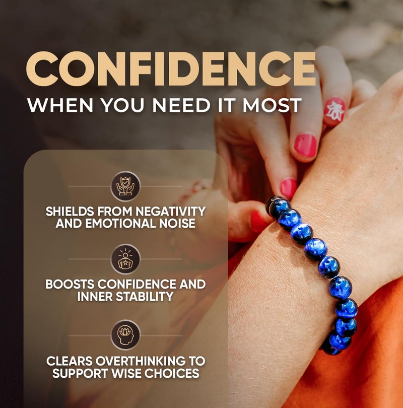 Conscious Items Blue Tigers Eye Bracelet, Natural Gemstone Beads for Focus, Motivation, Mental Clarity, & Energy Protection, Tigers Eye Beads for Confidence, Blue Bracelet for Men & Women - Image 2