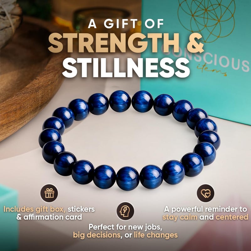Conscious Items Blue Tigers Eye Bracelet, Natural Gemstone Beads for Focus, Motivation, Mental Clarity, & Energy Protection, Tigers Eye Beads for Confidence, Blue Bracelet for Men & Women - Image 5
