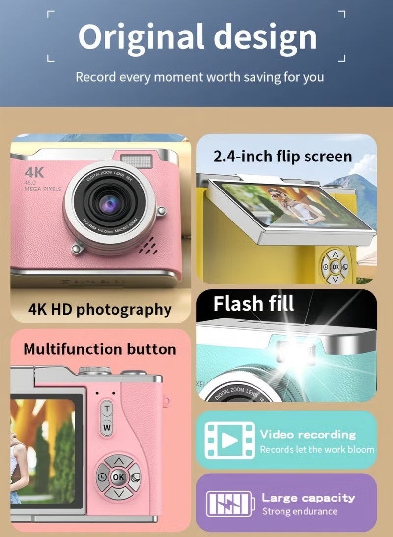ZONBON Digital CameraDigital Camera with 64GB SD card, 4k CCD Digital Zoom Student Digital Camera 48MP Portable Digital Photography Camera 180° Flip Screen Selfie Camera, Point and Shoot Digital Cameras - Image 5