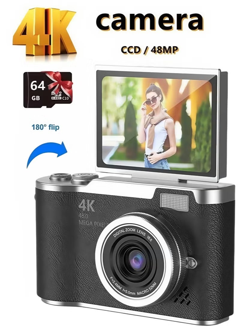 ZONBON Digital CameraDigital Camera with 64GB SD card, 4k CCD Digital Zoom Student Digital Camera 48MP Portable Digital Photography Camera 180° Flip Screen Selfie Camera, Point and Shoot Digital Cameras - Image 1
