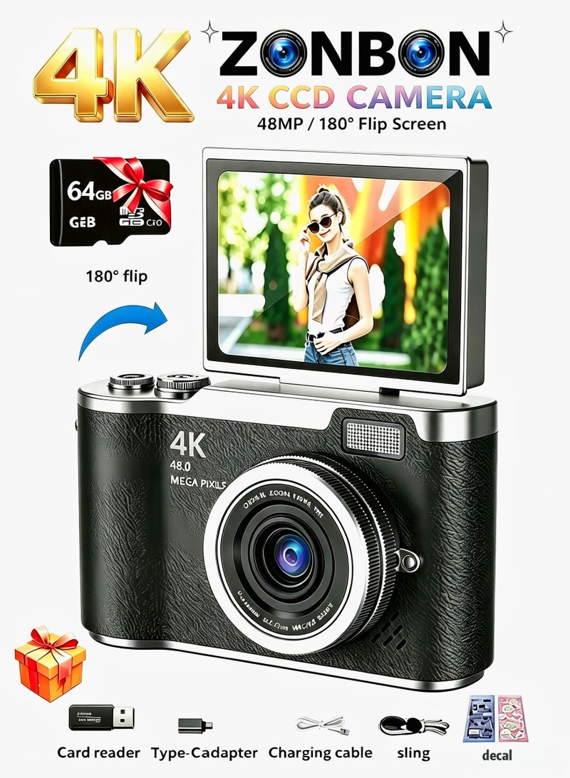 ZONBON 4k CCD Digital Zoom Student Digital Camera 48MP Portable Digital Photography Camera 180° Flip Screen Selfie Camera，with 64GB SD card - Image 1