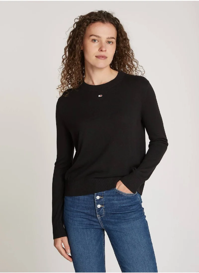 TOMMY JEANS Women's Essential Crew Neck Sweater, Black - Cotton