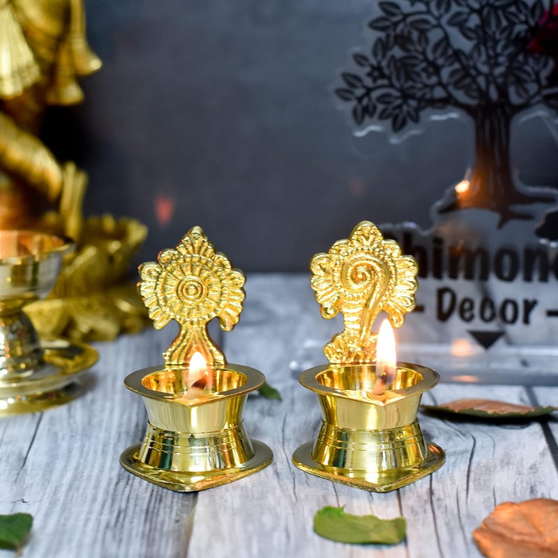 Bhimonee Decor مجموعة بهيموني ديكورات من النحاس للدييا للعبادة مجموعة من 2 شنكوشاكرا كاماكيشي ديبالو من النحاس للهدايا مصنوعة يدويًا في الهند نحاس نقي أبعاد 3 بوصات 200 جرام لكل مجموعة - Image 1