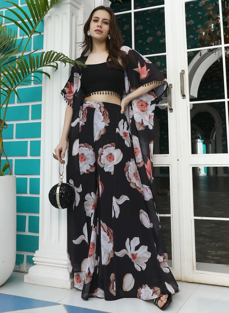 QISSA Women's Onyx Black All-Over-Floral Co-Ord Set For Ethnic Wear | Open-Front Neck , Sleeveless , Straight Hem | Solid Plain Fabric | 3 Piece Co-Ords Designed For Casual & Daily Wear