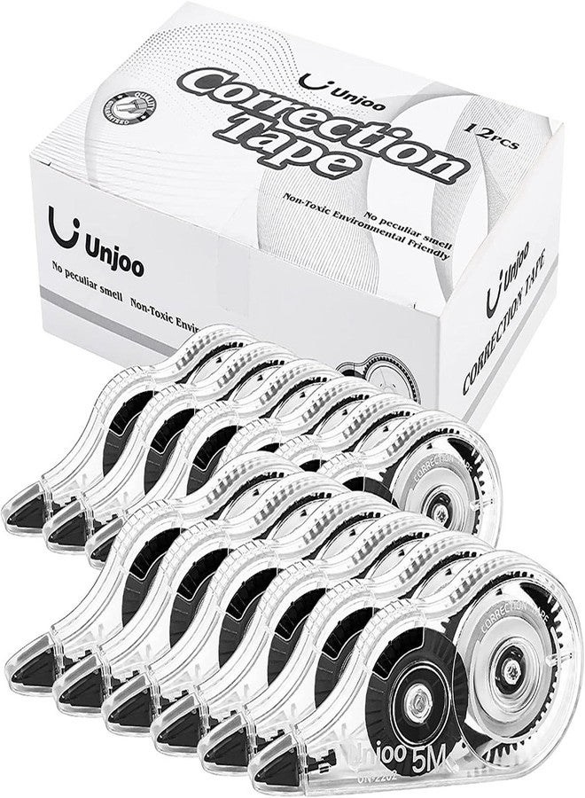 Unjoo شريط تصحيح أبيض من Unjoo، سهل الاستخدام لتصحيح الكتابة الخاطئة فوراً في أي وقت، للمدرسة والمكتب (عبوة من 12 شريطاً، 5 أمتار/196 بوصة × 0.2 بوصة، أسود) - Image 1