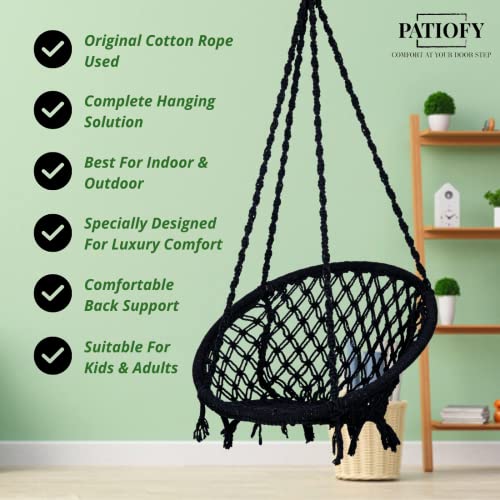 Patiofy Swing for Adults for Home/Swing for Adults/Jhula for Adults/Wooden Swing for Living Room/Swing for Balcony/Cotton Round Hammock Hanging Swing Chair Without Hanging Kit (Black) - Image 4