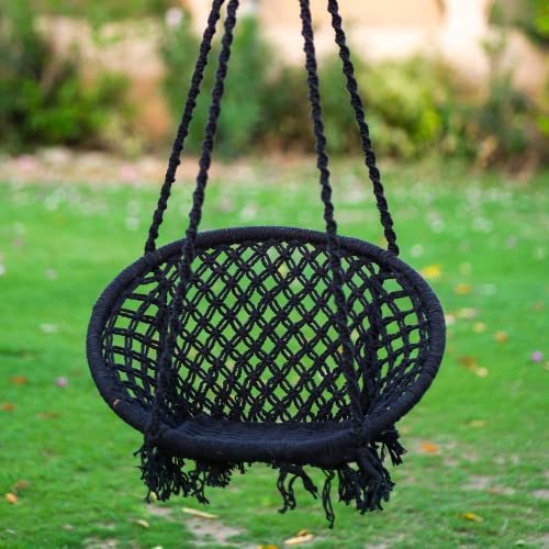 Patiofy Swing for Adults for Home/Swing for Adults/Jhula for Adults/Wooden Swing for Living Room/Swing for Balcony/Cotton Round Hammock Hanging Swing Chair Without Hanging Kit (Black) - Image 5