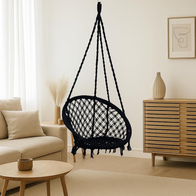 Patiofy Swing for Adults for Home/Swing for Adults/Jhula for Adults/Wooden Swing for Living Room/Swing for Balcony/Cotton Round Hammock Hanging Swing Chair Without Hanging Kit (Black) - Image 3